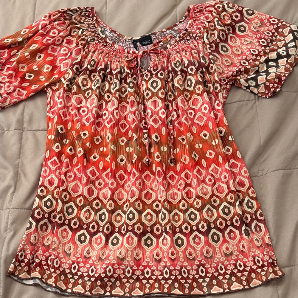 New Directions Orange and Brown Geometric Blouse